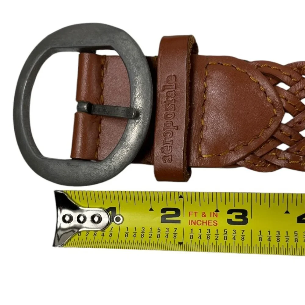 VTG Aeropostale Braided Leather Brown Belt Silvertone Buckle Logo Size Medium